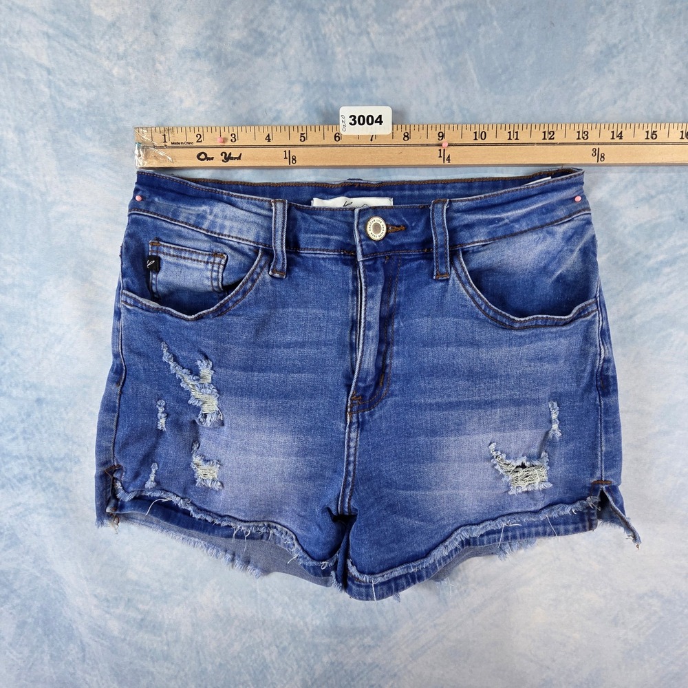 KanCan High Rise Distressed Denim Shorts Medium Wash Frayed Hem Size 27 KC11247M